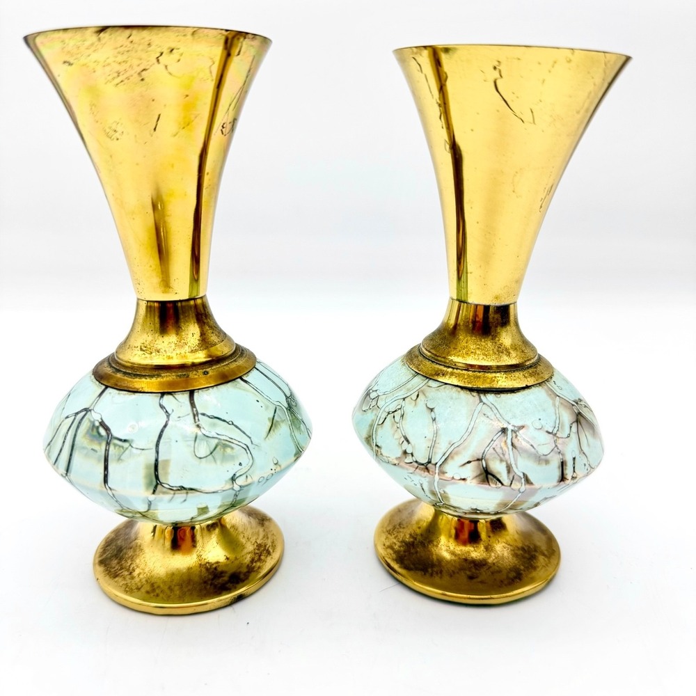 VTG Delft Holland MCM Brass Hand Painted Crackle Ceramic Bud Vases Pair 5.75in